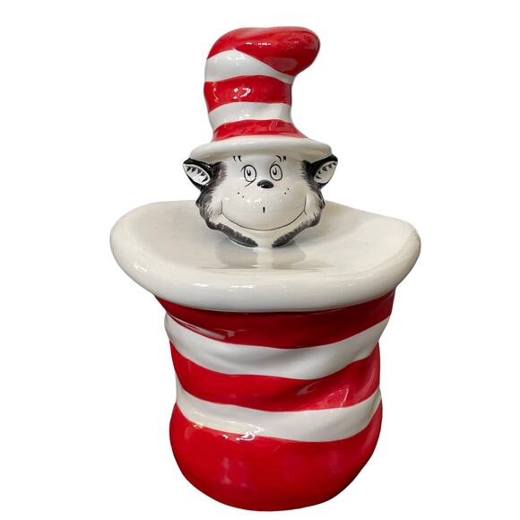 Dr. Seuss Cat in the Hat Cookie Jar Red White Striped Ceramic Canister RARE READ
